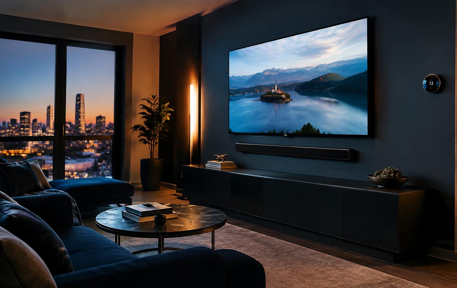Modern living room with a wall-mounted TV, soundbar and smart thermostat