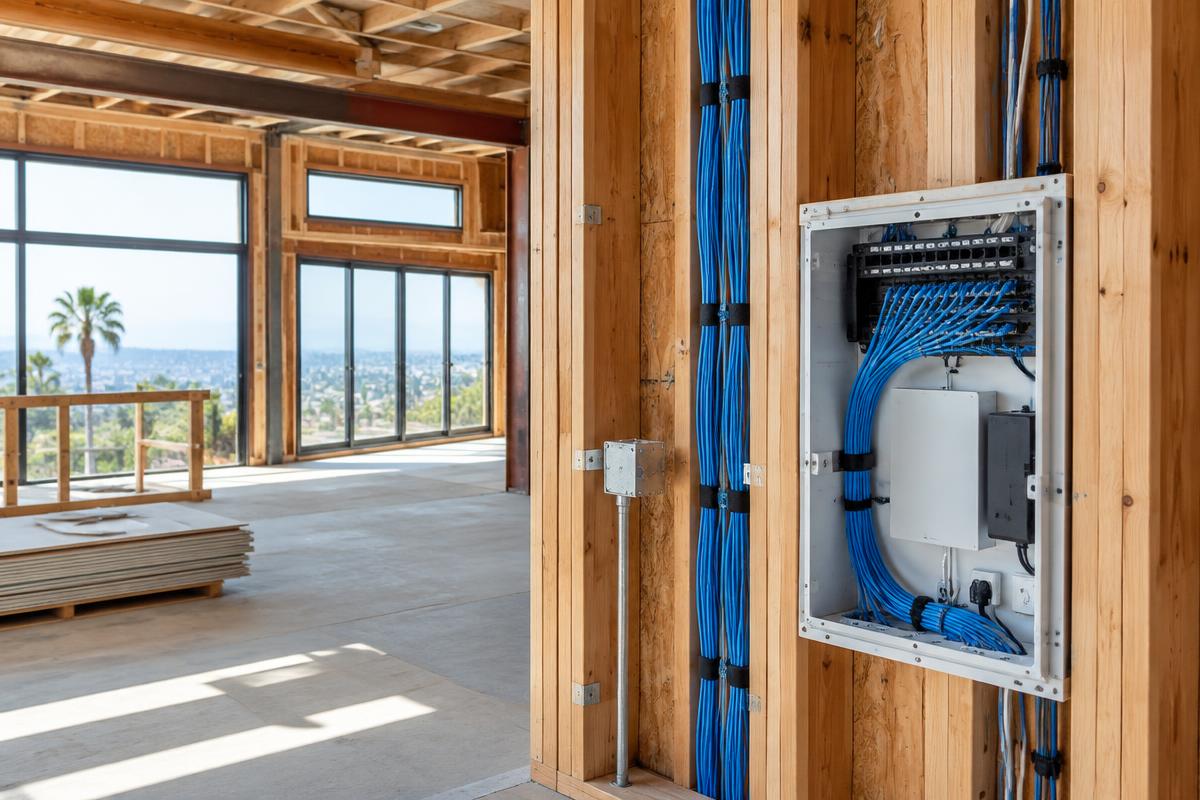 Structured wiring enclosure and neatly routed network cables in a home under construction
