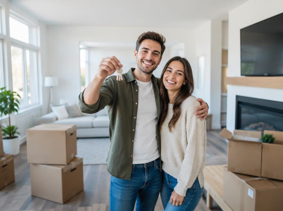 Couple holding keys in their new home among moving boxes