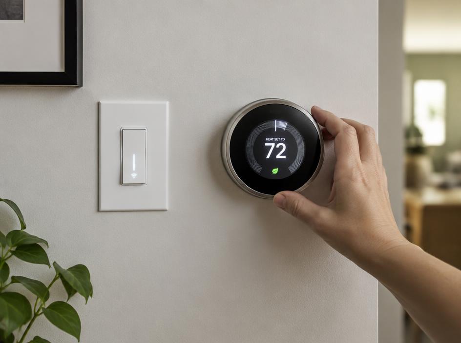 Hand adjusting a smart thermostat next to a smart light switch