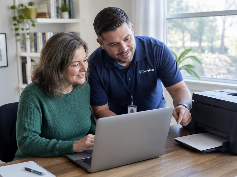 Technician helping a homeowner with a laptop and printer
