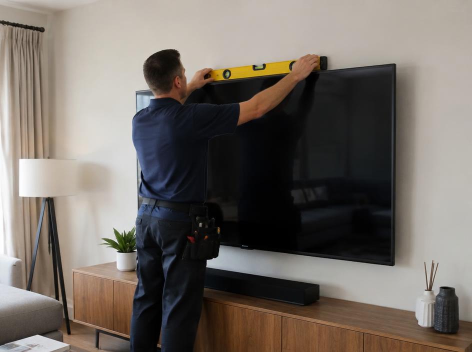 Technician leveling a wall-mounted flat screen TV