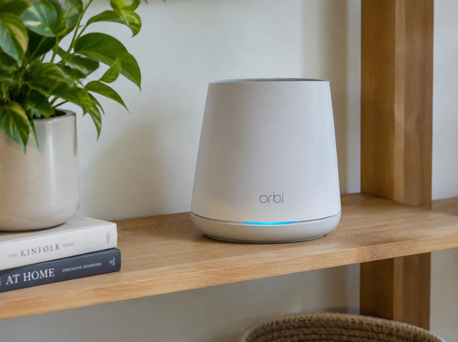 Mesh Wi-Fi router on a wooden living room shelf
